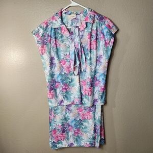 VTG Union Made Berg Ray Frocks Pastel Tropical Floral SS Polo/Skirt/Belt Set